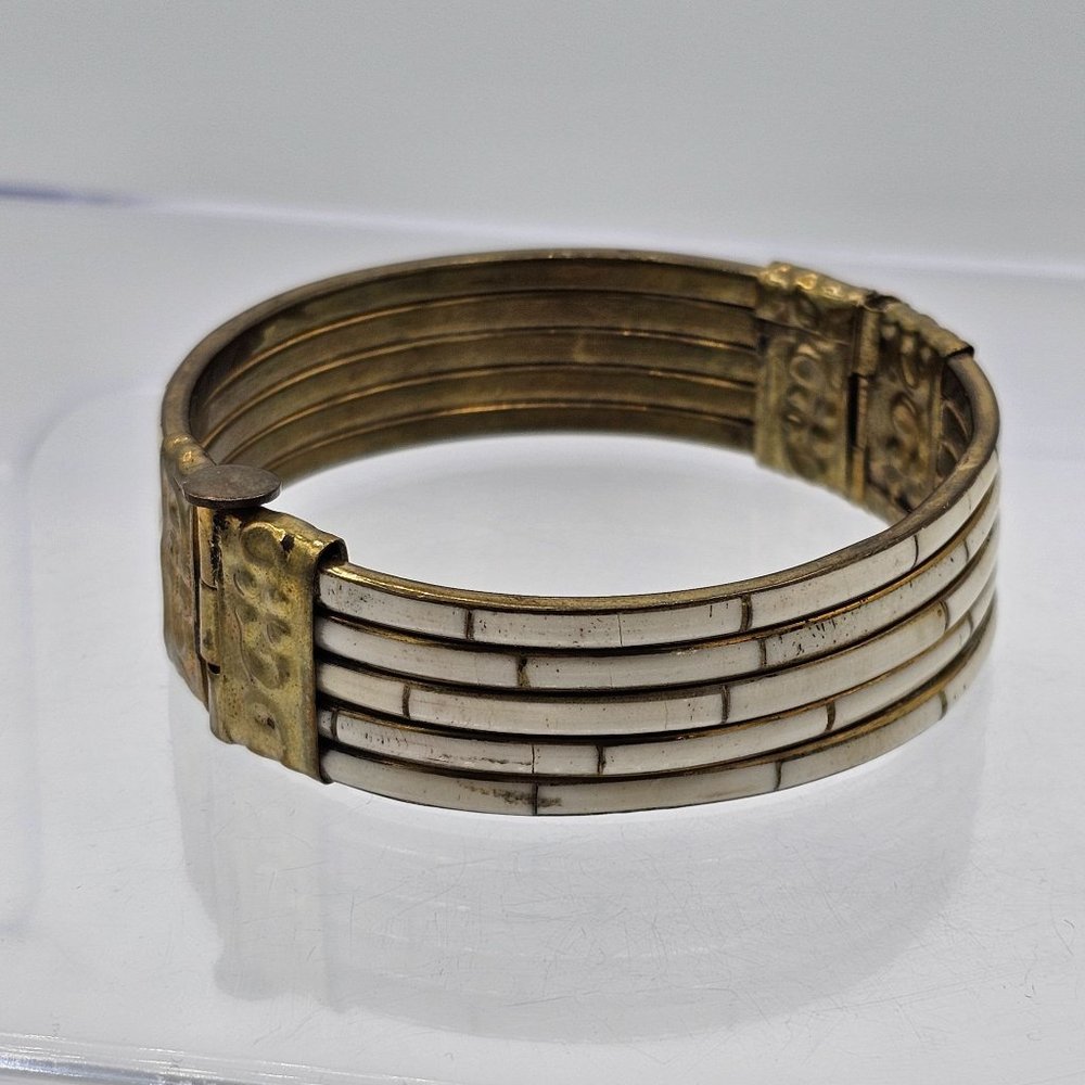 Antique Victorian Era Mother of Pearl Inlay Brass Bangle